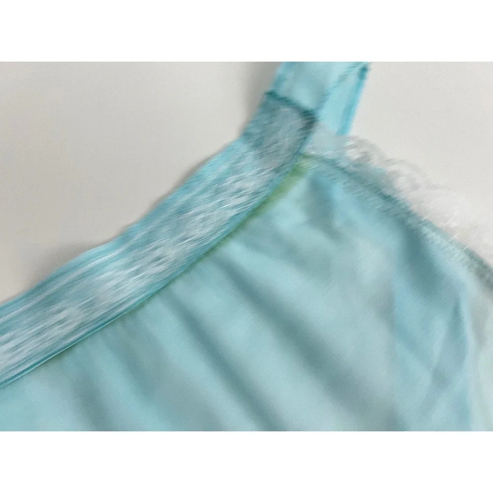 Vintage Light Blue Sheer Half Apron White Lace Trim Pocket Retro Mid Century